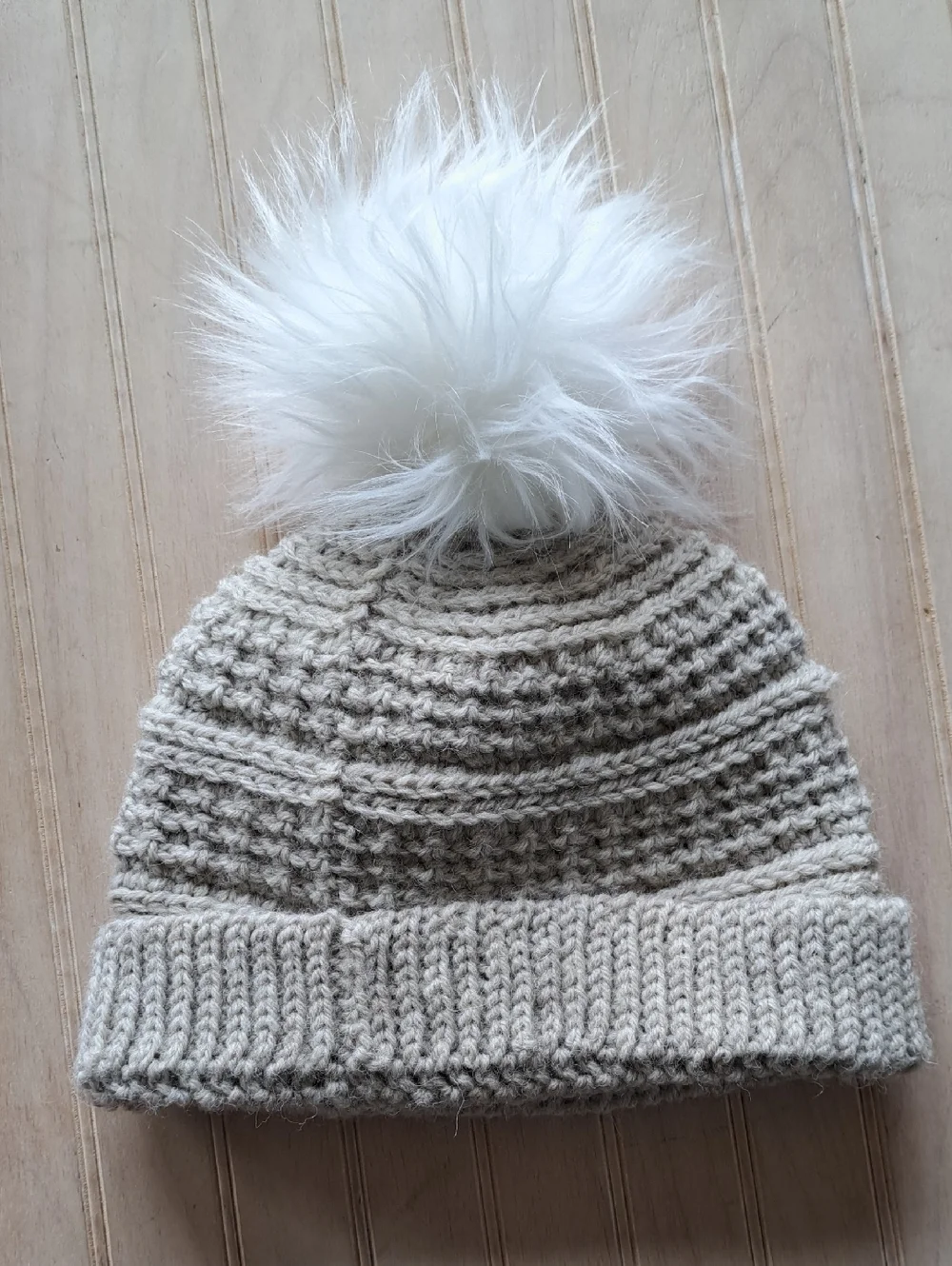 Wool Blend Knit Beanie Hat Faux Fur Pom Pom Winter Cozy Neutral Tan Girls